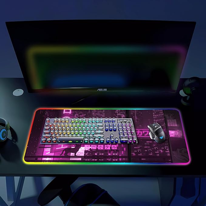 RGB Gaming Mouse Pad Large Mousepad with Led Light Gaming Accessories Keyboard Pad for Desk Non-Slip Rubber Base Big Mouse Mat for Gamer 31.5 X 11.8 Inch Purple Anime