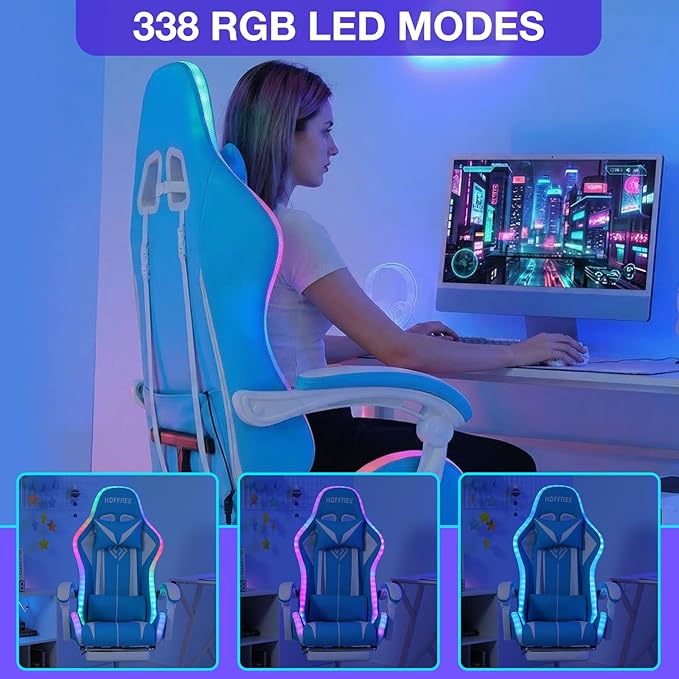 RGB Gaming Chair with LED Lights Ergonomic Massage Computer Chair with Footrest Reclining Video Game Chair with Adjustable Lumbar Support High Back Game Chairs for Adults Light Blue and White