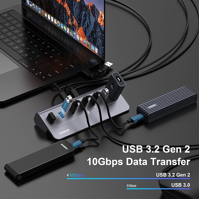 FIDECO Powered USB Hub 7 Port 10Gbps Fast Data Hub for iPhone 16/15 and Laptop Full Aluminum USB Splitter with 5V 3A Power Adapter 4 USB A and 3 USB C Ports Support BC1.2 Charging Grey