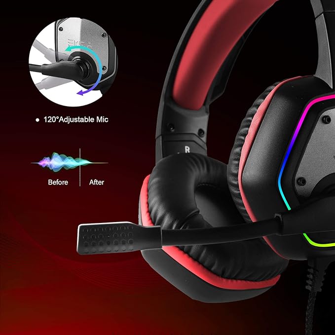 EKSA E1000 Gaming Headset Computer Headphones with Noise Canceling Mic &amp RGB Light 7.1 Surround Sound Compatible with PC PS4 PS5 Console Laptop (Red)