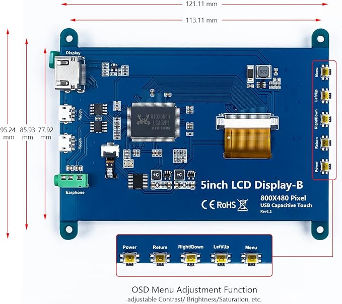 5 Inch IPS LCD Touch Screen Display Panel 800×480 Capacitive Screen HDMI Monitor for Raspberry Pi 5/4/3 BB Black Windows 10 8 7