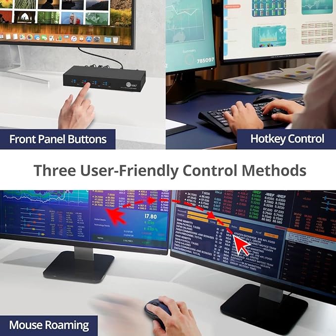 SIIG 4-Port Quad Computers Keyboard and Mouse Roaming Control Switch with USB 2.0 Hub KM Switch Support Windows Mac and Linux Switch Button HotkeysTAA Compliant (JU-SW4311-S1)