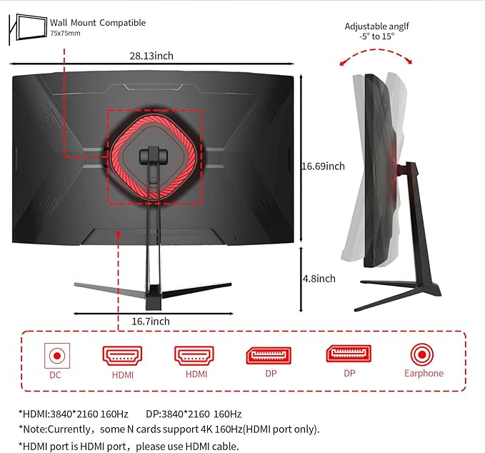 ZZA 32 Curved Gaming Monitor 4k UHD(3840 * 2160P) VA Screen 1500R 144Hz/160Hz Computer Moniter Supports AMD Freesync 120% sRGB HDR10 Wall Mountable Installs(HDMI 2.1 * 2/DP 1.4 * 2)-Black
