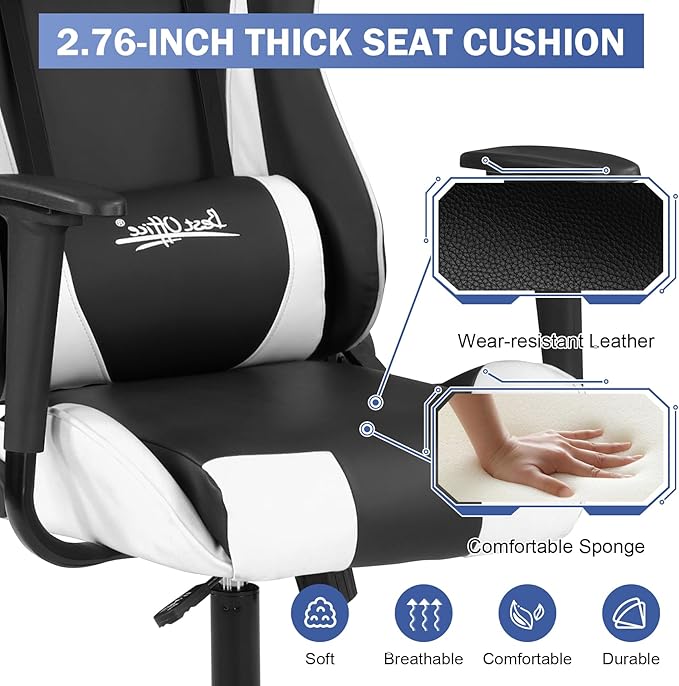 BLKMTY Gaming Chair Office Chairs High Back Computer Leather Desk Chair Racing Executive Ergonomic Adjustable Swivel Task Chairs with Headrest and Lumbar Support White