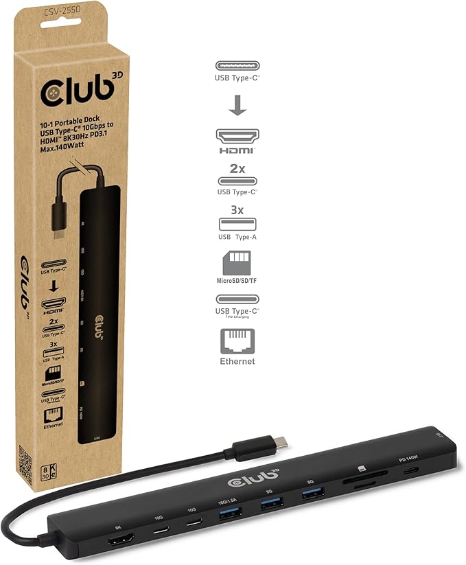 Club 3D Portable Docking USB-C -&gt2xUSB-C/3xUSB-A/HDMI/SD 140W Retail