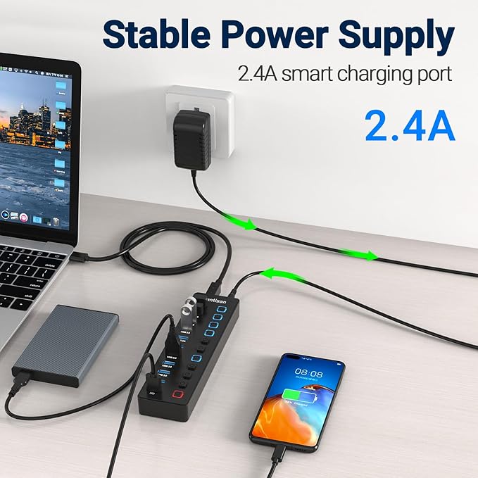 Powered USB Hub 11-Port USB 3.0 Hub Splitter - 10 USB 3.0 Data Transfer Ports + 1 Smart Charging Port USB Hub 3.0 Powered with Individual LED On/Off Switches and 5V/4A Power Adapter