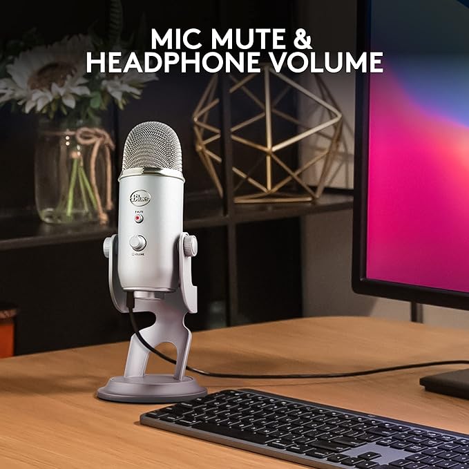 Logitech Creators Blue Yeti USB Microphone for PC Mac Gaming Recording Streaming Podcasting Studio and Computer Condenser Mic with Blue VO!CE Effects 4 Pickup Patterns Plug and Play - Silver