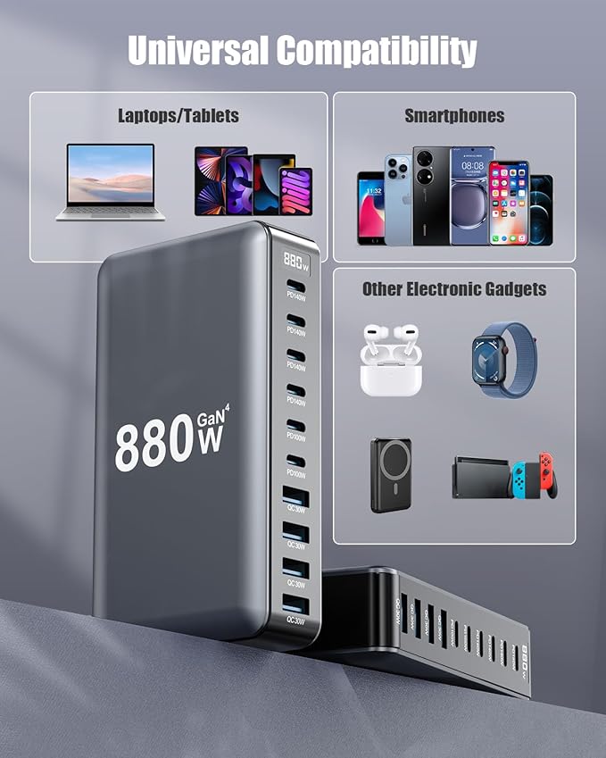 880W USB C Charger Block10-Port USB C Charging Station GaN IV Travel Essentials Multiple Port Charging Station140W Laptop Fast Charger Adapter for MacBook Pro/AirDELLiPadiPhoneSamsung Galaxy
