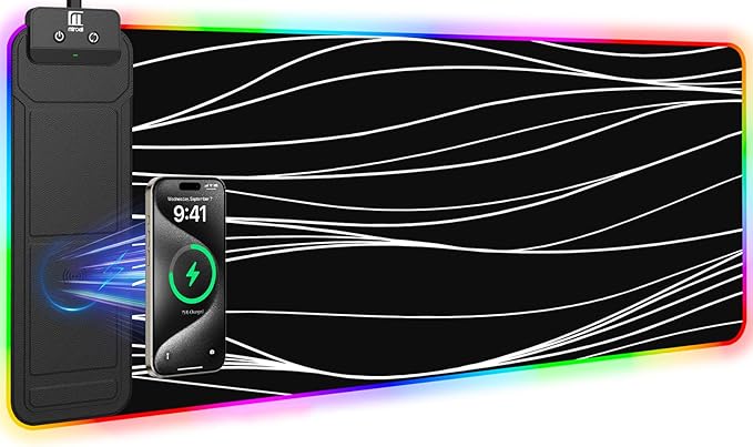 Mouse Pad with Foldable Phone Holder &amp Wireless Charger XL RGB Gaming Mousepad 31.5x11.8 Large Desk Mat for Keyboard Home Desk Pad with Dual Qi Charging Station | 11 Colors &amp 5 Modes | Wat