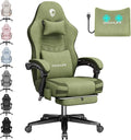 Gaming Chair Fabric Computer Office Chair with Massage Ergonomic Chair with Footrest Lumbar Support Pocket Spring Widened Cushion Metal Legs 350LBS Dark Green