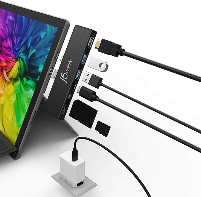 j5create Surface Pro 7 Ultradrive mini Dock 6-in-2 4K60 HDMI 10Gbps USB-A x 2 10 Gbps USB-C with PD 60W Pass-Through Charging SD/microSD Card Reader (JCD324B)