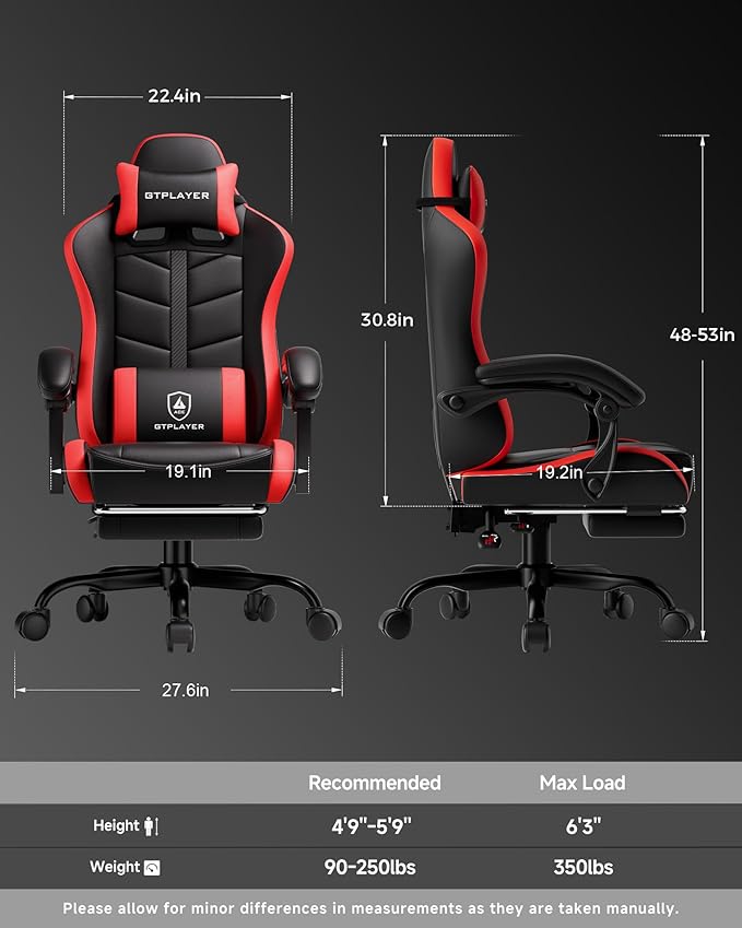 GTPLAYER Gaming Chair for Adults Ergonomic Computer Gaming Chair with Footrest Height Adjustable 90-155° Recline &amp Removable Headrest Lumbar Support Black&ampRed