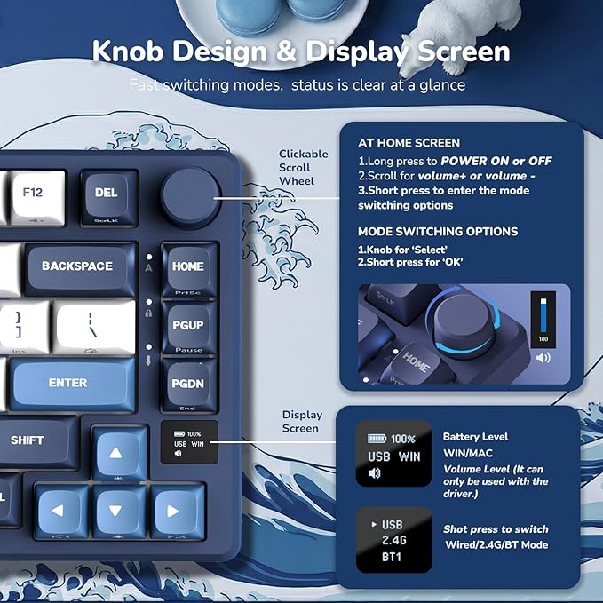 RK ROYAL KLUDGE M75 Wireless Mechanical Keyboard w/Screen and Volume Knob 2.4G/USB-C/BT Gasket Mounted 75% Gaming Keyboard with 81 Keys RGB Backlit Hot-Swap Creamy Switch Blue