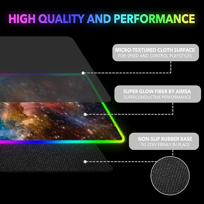 AIMSA Large Gaming Mouse Pad RGB Keyboard Led Mousepad Extended 35.4 x 15.8 inch Non-Slip Rubber Base with 14 Lighting Modes Desk Mat Colorful Galaxy Nebula