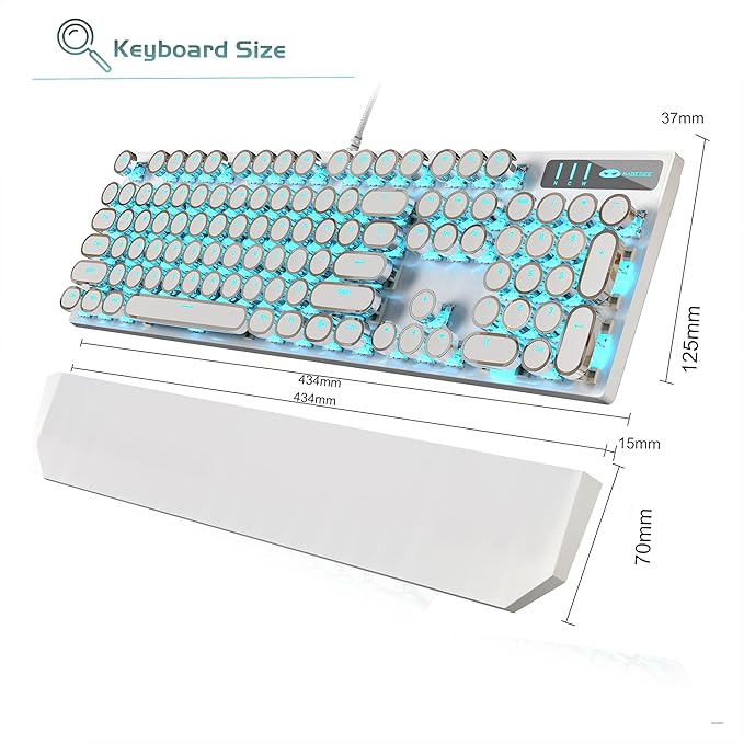 MageGee Typewriter Mechanical Gaming Keyboard Retro Punk White Round Keycaps 104 Keys LED Blue Backlit Wired Keyboards for Laptop MAC PC Gamer with Magnetic Wrist Rest Blue Switch