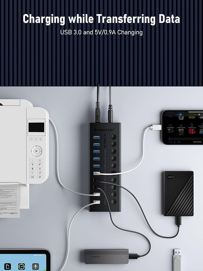 Lemorele 10-Port 24W USB3.0 Powered USB Hub with Individual LED On/Off Switches USB Splitter Support 5Gbps Data Transfer &amp 5V 0.9A Charge for Phone Power Bank TWS etc.
