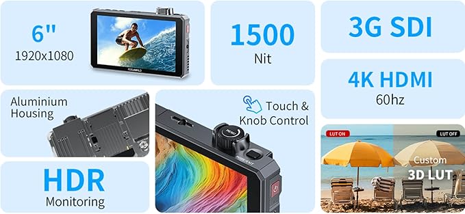 FEELWORLD SC6 6 Inch SDI Monitor 1500nits High Bright 1920x1080 IPS 9:16 Touch Screen Knob Control Aluminium Monitor with 3G SDI 4K HDMI Input Output HDR 3D LUT Built-in Fan