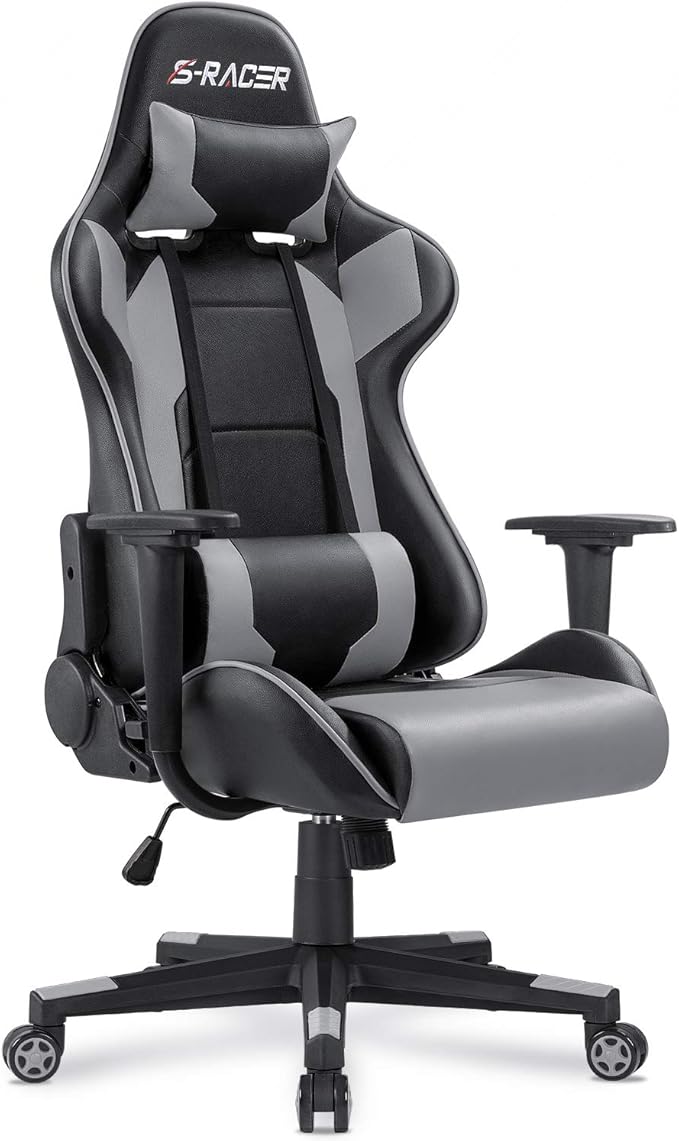 Homall Gaming Chair Office Chair High Back Computer Chair Leather Desk Chair Racing Executive Ergonomic Adjustable Swivel Task Chair with Headrest and Lumbar Support (Grey)