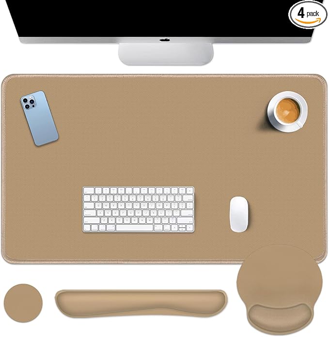 Britimes Brown Keyboard Mouse Pad Set Brown 4 in1 Large Mousepad+Keyboard Wrist Rest+Mouse Wrist Rest+Coaster Ergonomic Design for Home Office Computer 35.4x15.7Inches