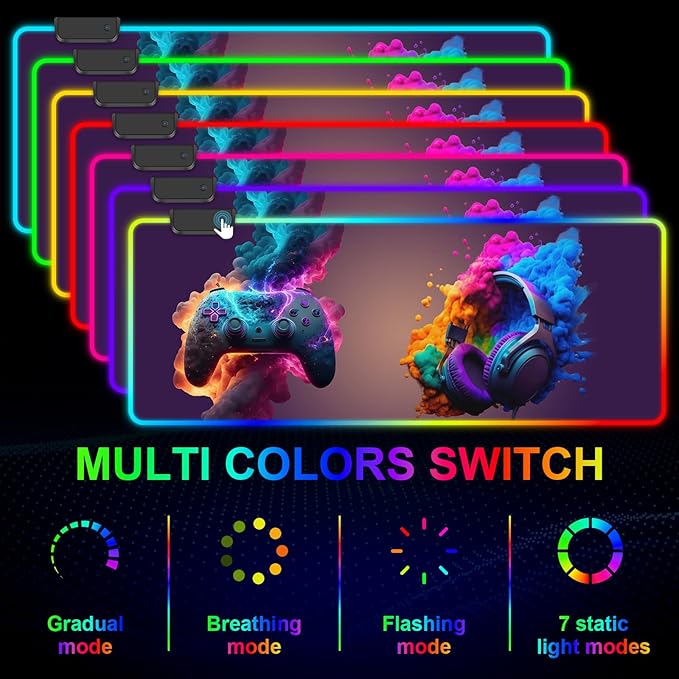 RGB Gaming Mouse Pad Large Mousepad with LED Light 13 Light Modes Touch Control Extended Soft Computer Keyboard Mat Pad Desk Mat with Non-Slip Rubber Base for MacBook Laptop(31.5X11.8 Game Handle)