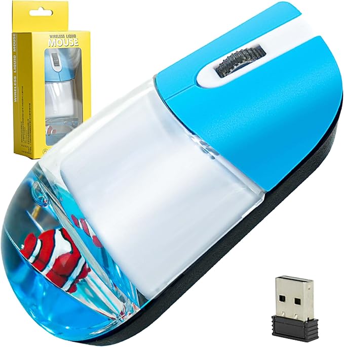 Wireless Mouse Cute Aqua Water Mouse Silent Lightweight Portable Clear Transparent Liquid Optical Retro Mouse with USB Receiver Floater Clownfish for PC Laptop Computer MacBook Kids Adult Gift(Blue)