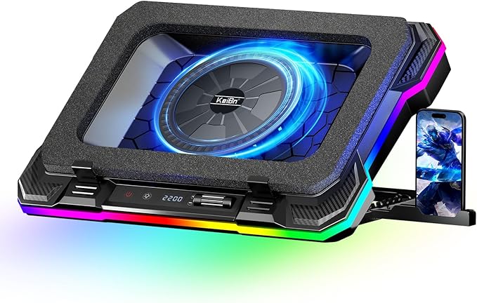 KeiBn Gaming Laptop Cooling Pad Laptop Cooling Stand with 5.5inch External Cooling Fan Rapid Cooling Laptop 15.6-19.3inch Infinitely Variable Speed 8 Height Stands 4 USB Ports Blue