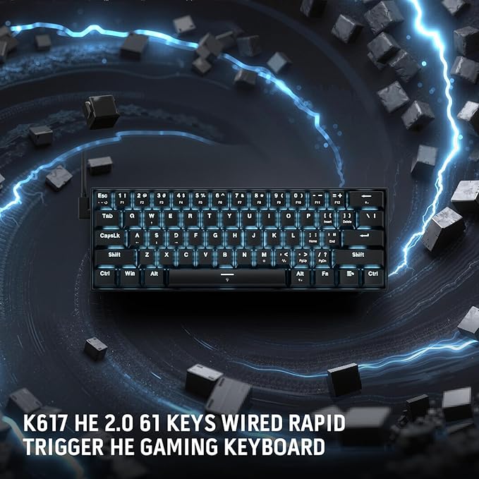 Redragon K617 HE Rapid Trigger Gaming Keyboard 60% 61 Keys Wired Mechanical Keyboard w/Hyper-Fast Actuation Dedicated Hall Effect Magnetic Switch Actuation Point Adjustable Essential Black