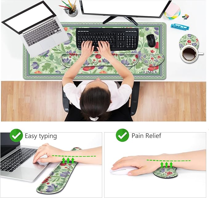 AIMSA Gaming Mouse Pad Wrist Support Set Desk Pad +Mouse Wrist Rest +Keyboard Wrist Rest +Coaster 4in1 Ergonomic Mouse Pad Combo for Home Office -Red Purple Flower