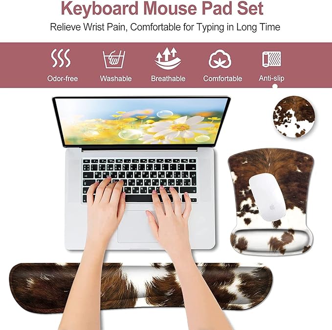 Keyboard Wrist Rest and Mouse Pad with Wrist Support Ergonomic Coaster Easy Typing Pain Relief Memory Foam Keyboard Wrist Rest Cow Cowhide Desktop DecorationSuitable for Office Typing Games