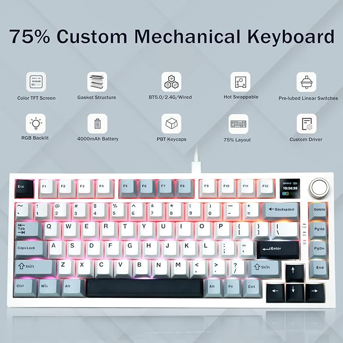 75% Wireless Mechanical Gaming Keyboard Creamy Sound Hot Swappable Pre-lubed Linear Switches Gasket Structure Multimedia Display RGB Backlit 2.4GHz/USB/BT5.0 Custom Keyboard for Win/Mac