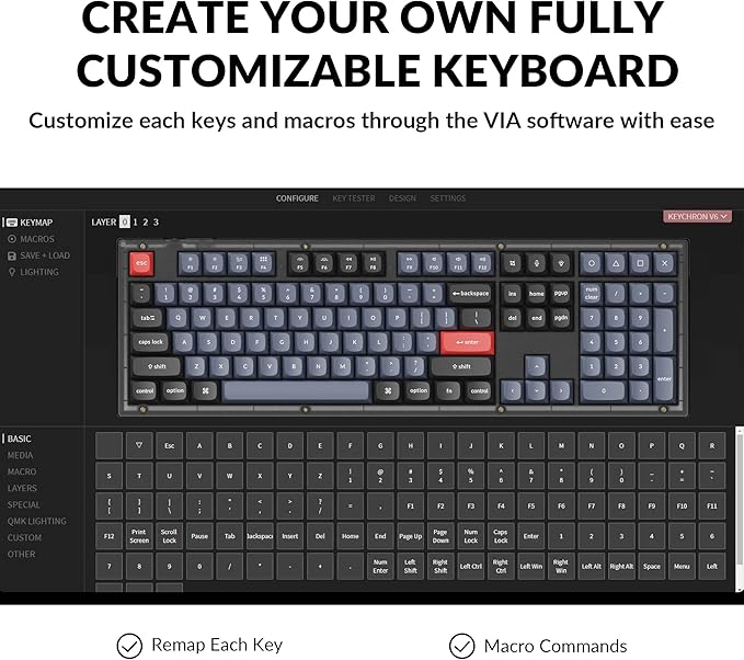Keychron V6 Wired Custom Mechanical Keyboard Full-Size QMK/VIA Programmable Macro with Hot-swappable Keychron K Pro Red Switch Compatible with Mac Windows Linux (Frosted Black-Translucent)