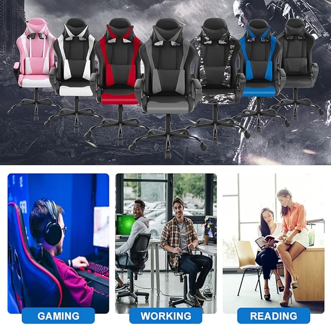 Dkeli PC Gaming Chair Office Chair Racing Desk Chair with Lumbar Support Arms Headrest Massage High Back PU Leather Ergonomic Computer Chair Rolling Adjustable Swivel Chair for Women Men Adult Grey