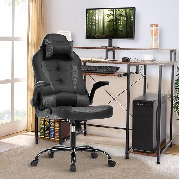 PC Gaming Chair Office Chair Ergonomic Desk Chair with Headrest&amp Lumbar Support Adjustable High Back PU Leather Computer Chair Racing Rolling Swivel Task Chair for Adults Grey