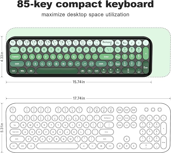 Wireless Keyboard and Mouse Combo MOWUX Compact Typewriter Retro Round Computer Keyboard Cute Optical Mouse Wireless Plug and Play for Laptop PC Computer- Black Green Gradient
