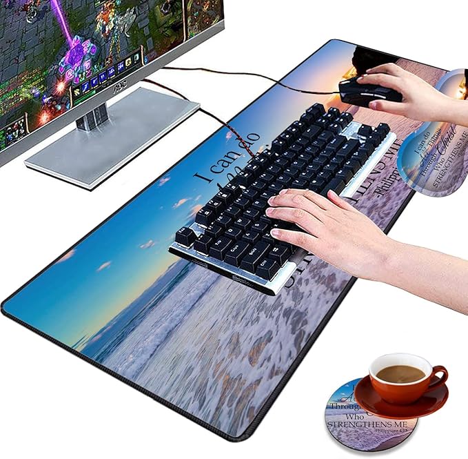 3 Piece Mouse Pad Set with Stitched Edge Large Anti-Slip Mouse Pad Desk Pad Keyboard Pad + Wrist Rest Pad + Coaster Memory Foam Wrist Rest for Office/Home Bible Verse Philippians 4-13