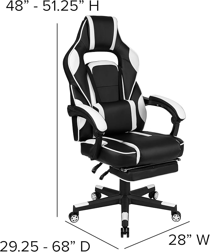 EMMA + OLIVER White Ergonomic Gaming Chair - Reclining Back/Arms Footrest Massaging Lumbar