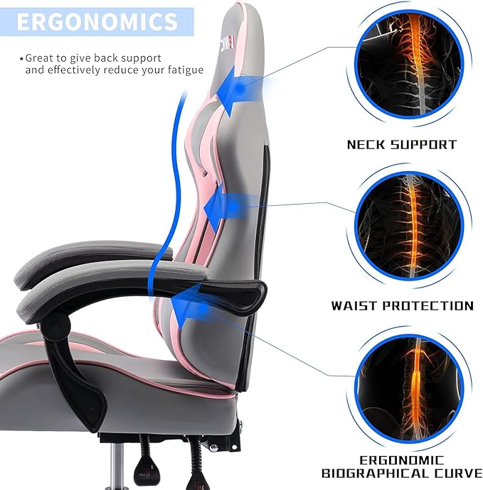 ALEAVIC Gaming Chair with Massager Fabric Gaming Chairs for Adults Ergonomic Gamer Chair with Adjustable Headrest and Lumbar Support Reclining Computer Game Chair High Back Frost Pink