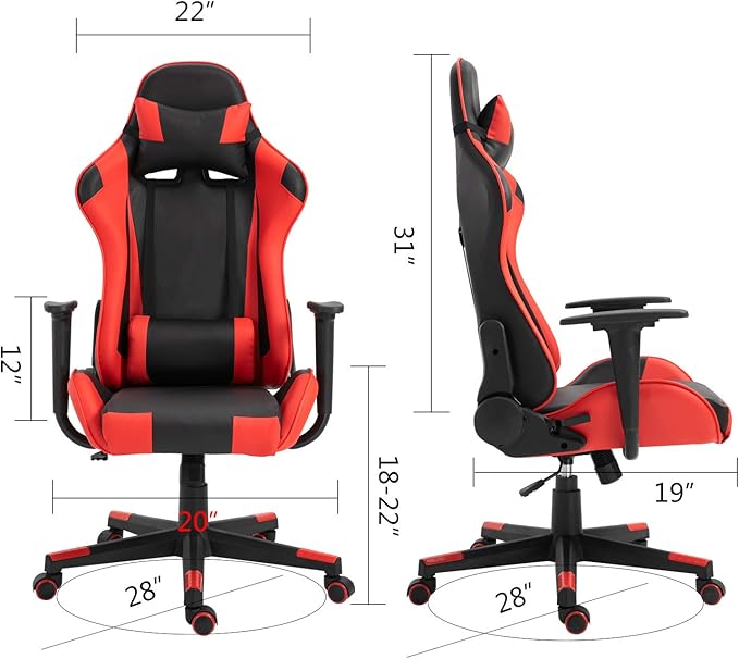 Modern-Depo Gaming Chair with Headrest and Lumbar Support Height Adjustable Swivel Office Chair High-Back Recliner Black Red