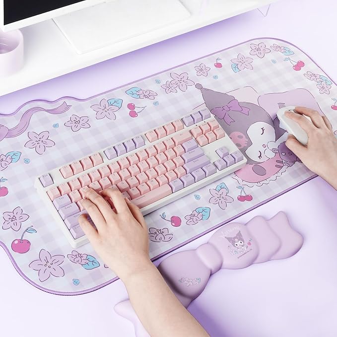 Kawaii Anime Mouse Pad Wrist Rest Support Set - Non-Slip Desk Mat and Memory Foam Bowknot Wrist Rest for Keyboard and MousePerfect for Gaming or Home Office Work - KLM Flower Dream