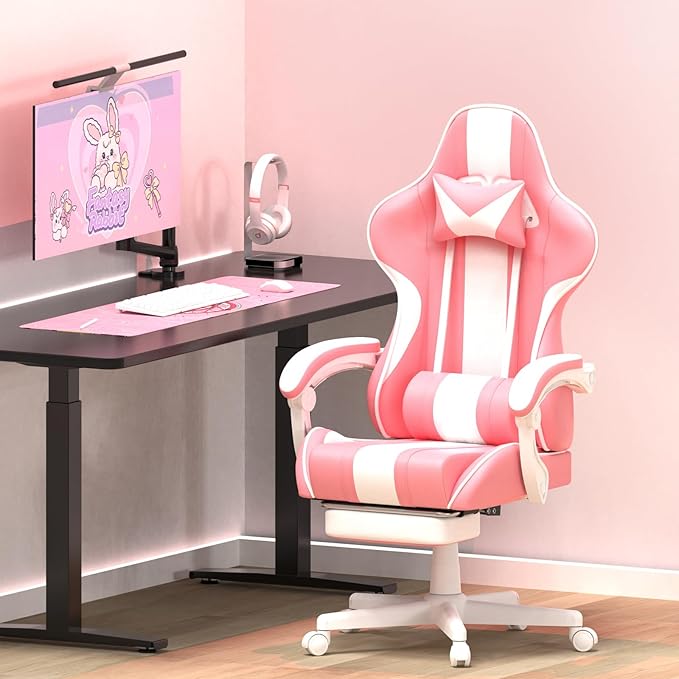 Ferghana Gaming Chairs Ergonomic Racing Style PC Game Computer Chair with Headrest Lumbar Support Adjustable Recliner PU Leather Video Computer Chair(Pink)