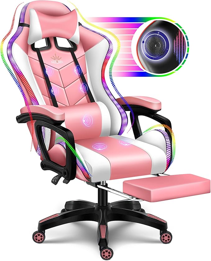 RGB Gaming Chair with Massage and Footrest Ergonomic Pro Computer Chair with LED Lights and Speakers High Back Music Video Chair with Lumbar Support and Headrest for Adult Teens. (White + Pink)