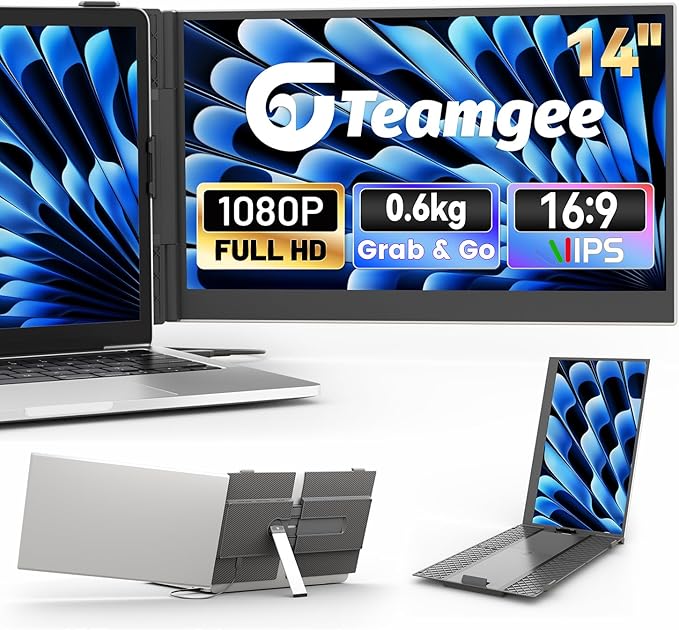 Teamgee 14” Laptop Screen Extender FHD 1080P Portable Monitor Ultra-Thin &amp Lightweight Second Display for Travel Work and Gaming Plug &amp Play for Mac/Windows/Android/Dex