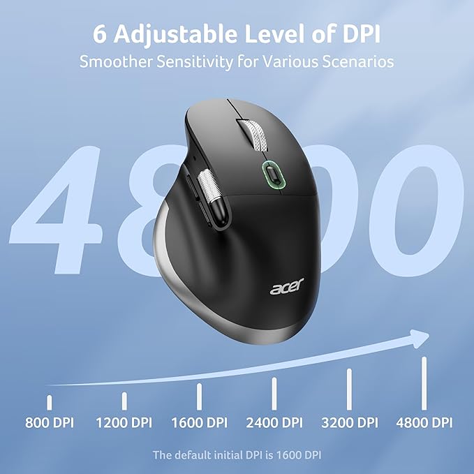 acer Ergonomic Mouse Wireless Rechargeable with Side Scroll (BT5.2+2.4GHz) Bluetooth Computer Mouse for Laptop Medium to Large Sized Hands Office USB Mice 8 Buttons 4800 DPI for PC Desktop