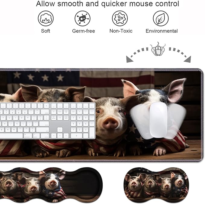 Ergonomic Keyboard Wrist Rest &amp Mouse Pad Wrist Rest Set Large XXL Gaming Desk Mat 31.5x 11.8 with Memory Foam Easy Typing Pain Relief for Office &amp Home Funny Piggy Wrapped in American Fl