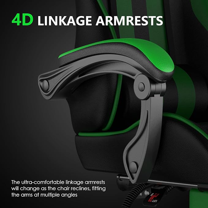 Huracan Gaming Chair with Footrest Adjustable Video Game Computer Chairs for Adults Reclining Backrest Office Desk Chair with Headrest and Lumba Pillow Green