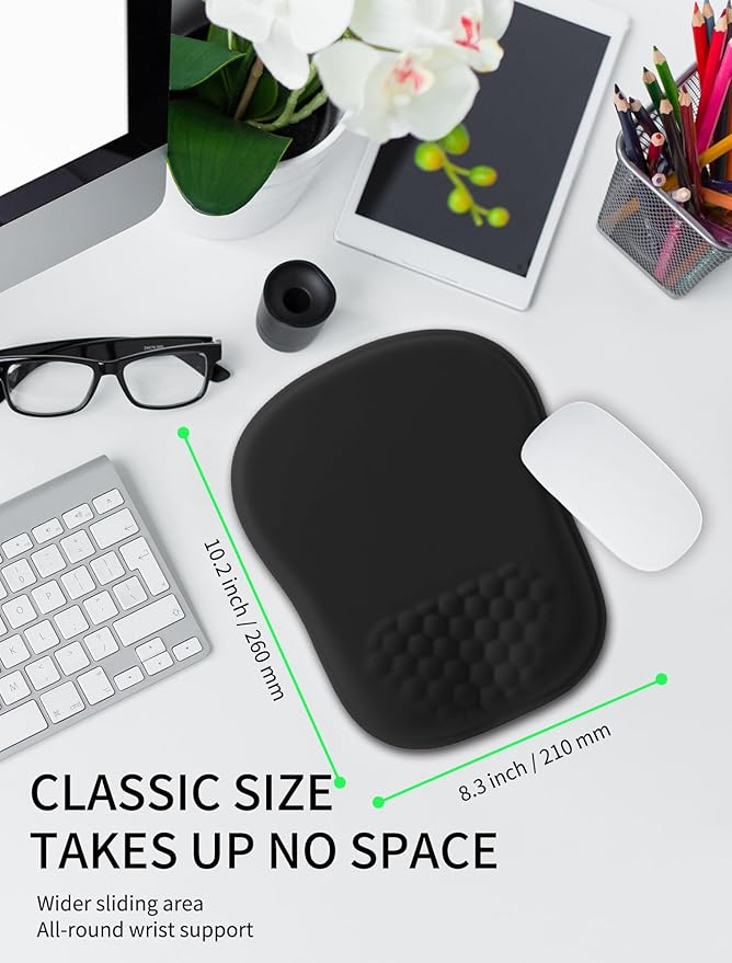 Hokafenle Ergonomic Wrist-hugging Mouse Pad Wrist Support U-shaped Holding Wrist Rest Mousepad for Carpal Tunnel Pain Relief with Cushioned Memory Foam Slope Massage Bulge (Classic 10.2x8.3 inBlack)