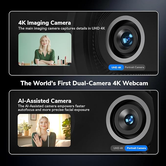 EMEET Piko 4K Webcam for Streaming World’s 1st Dual-Camera AI-Powered 4K Camera w/AI Autofocus 3 Mics Array&amp3 Sound Modes USB Webcam with Clip Great for Streaming Desk Setup