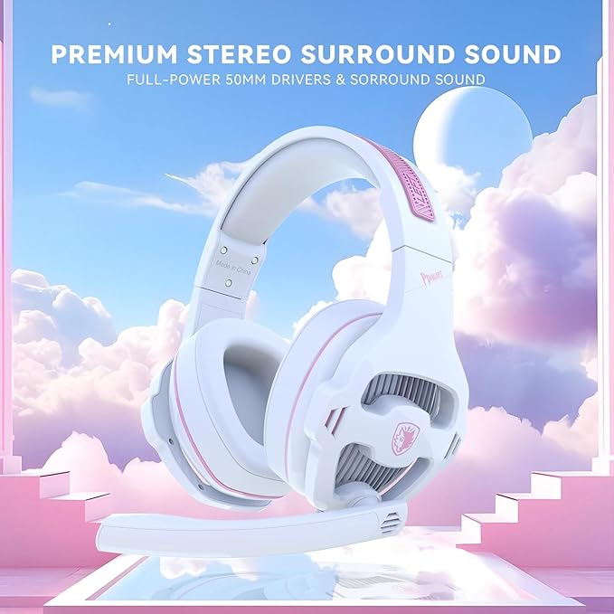 Pink Gaming Headset with Mic for PS5 PS4 Xbox Series X|S PC Wired Gaming Headset with Noise Cancelling Microphone Cute Gaming Headphones for Girls Stereo PC Headset for Nintendo Switch