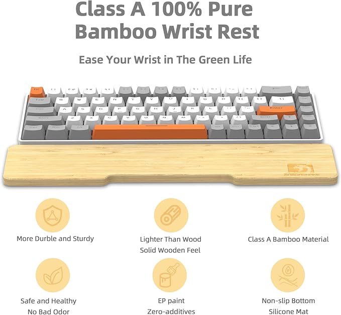 Bamboo Keyboard Wrist Rest for Computer Keyboard Ergonomic Mechanical Keyboard Wrist Rest Hard Wrist Rest for Pain Relief Anti-Slip Keyboard Rest Pad for Laptop/PC Gaming/Mac (68-Key)