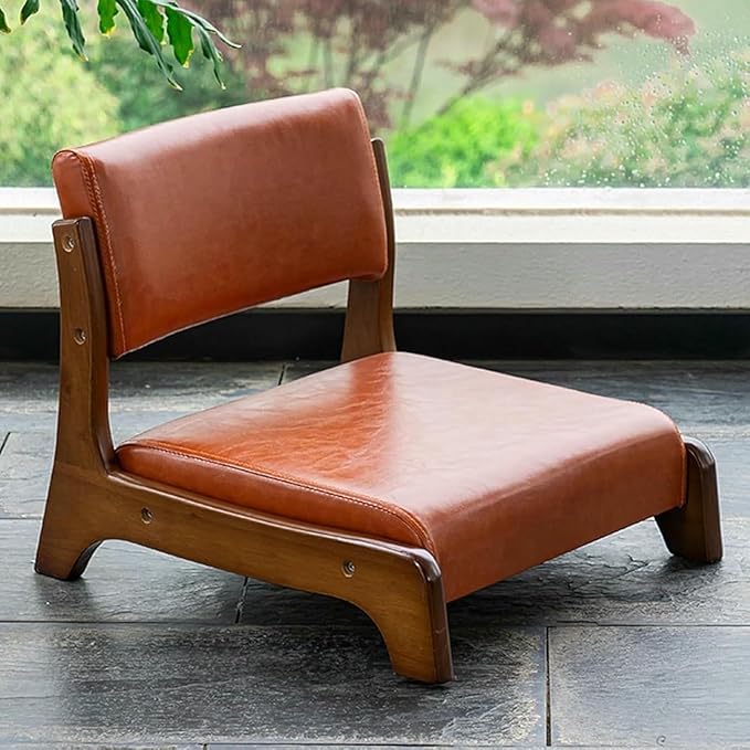 ELEFOCUS Tatami Chair with Upholstery Comfortable Floor Seat for Meditation Living Room Bedroom Bay Window(Orange LeatherWalnut)